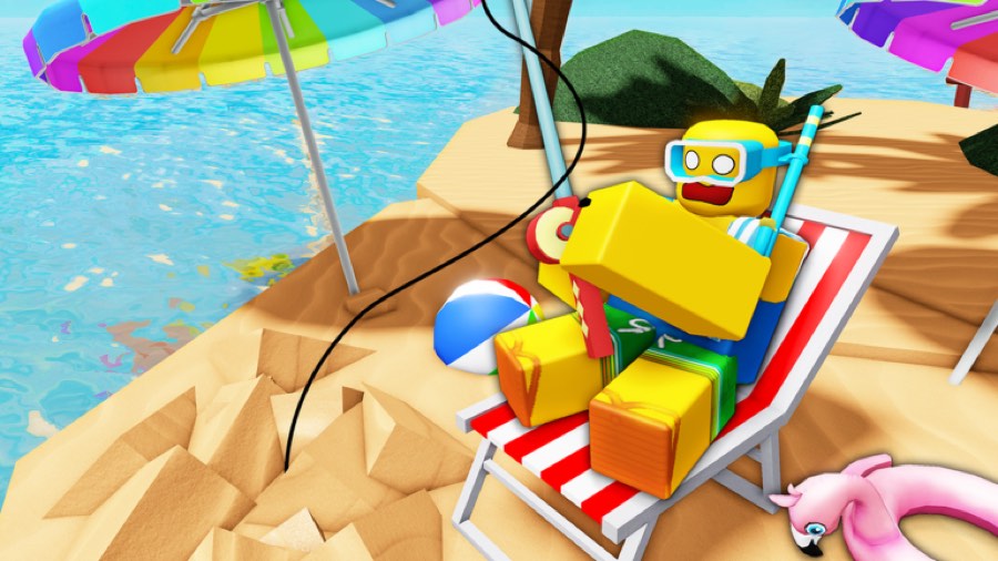 Avatar relaxing in a deckchair with a parasol on a bright sand island