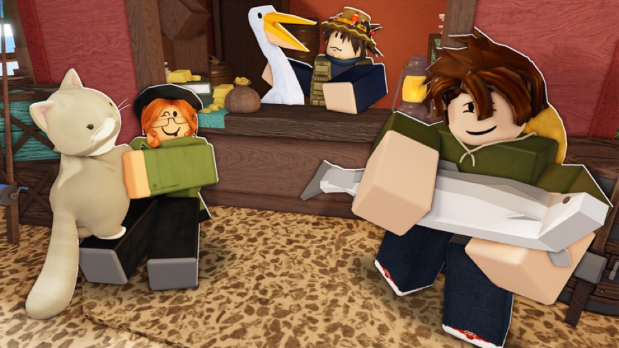 Players and a pelican gathered at a wooden beach shop counter