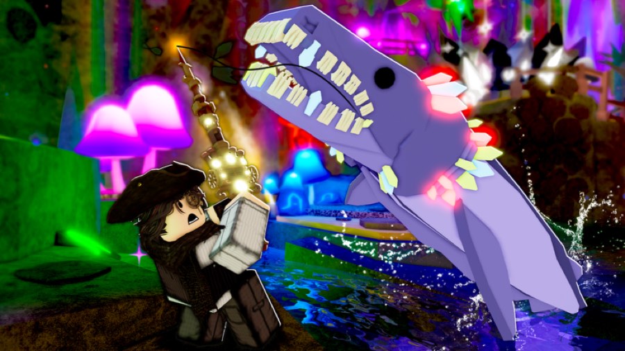 Glowing purple whale in a cave lit by luminous mushrooms